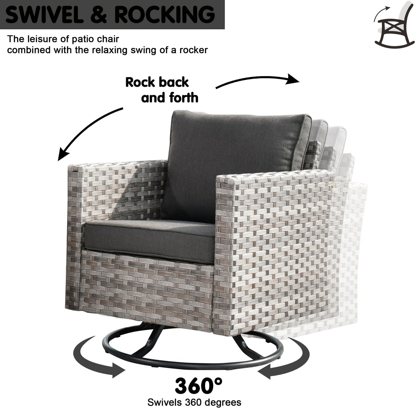 OVIOS 9-piece Patio Wicker Swivel Rocking Chair Set with Glass-Top Tables