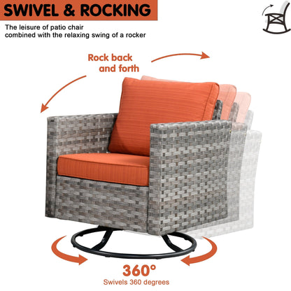 OVIOS 9-piece Patio Wicker Swivel Rocking Chair Set with Glass-Top Tables
