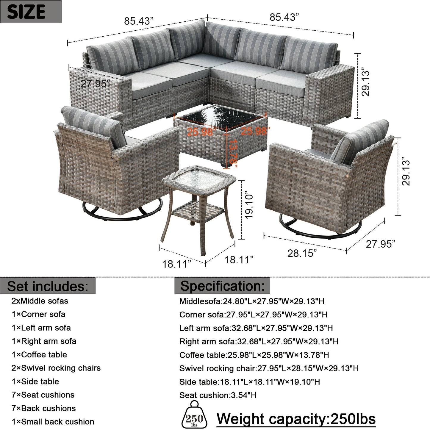 OVIOS 9-piece Patio Wicker Swivel Rocking Chair Set with Glass-Top Tables