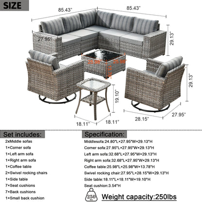 OVIOS 9-piece Patio Wicker Swivel Rocking Chair Set with Glass-Top Tables