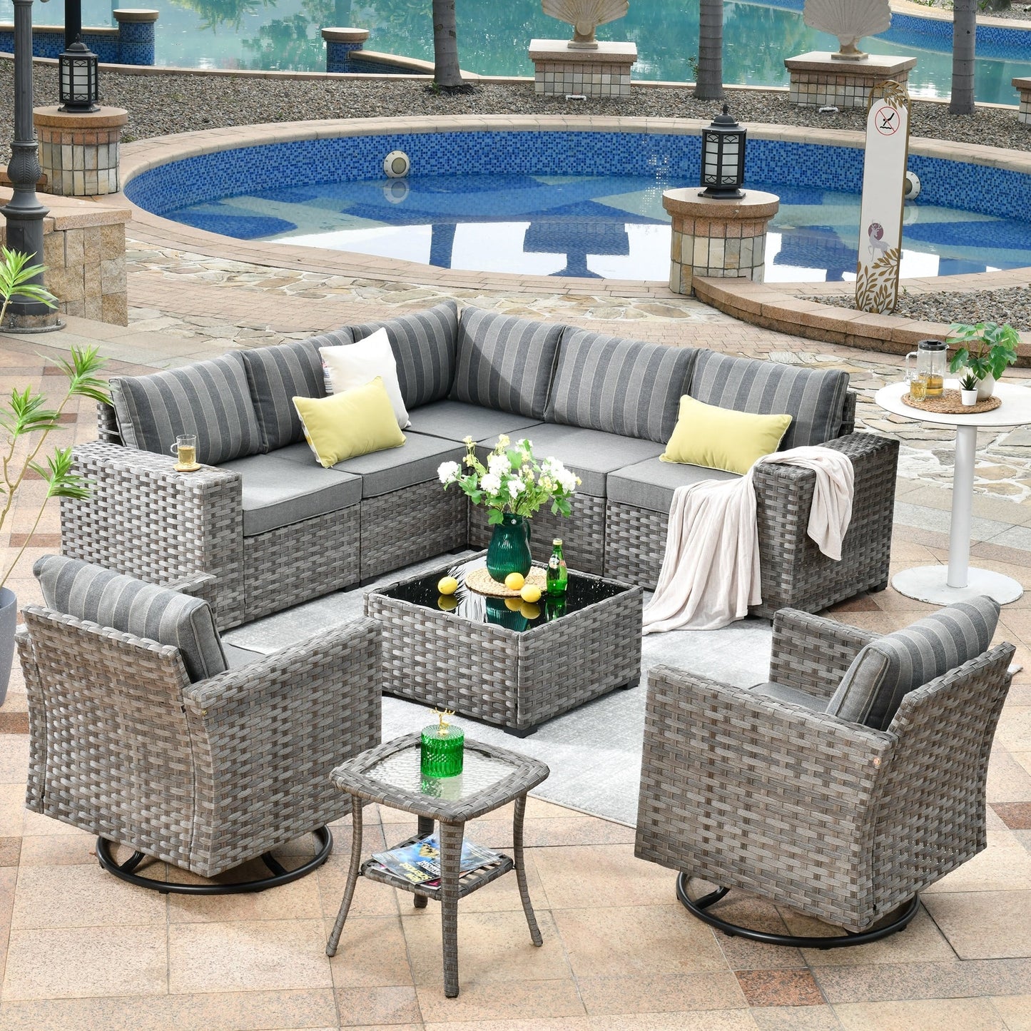 OVIOS 9-piece Patio Wicker Swivel Rocking Chair Set with Glass-Top Tables