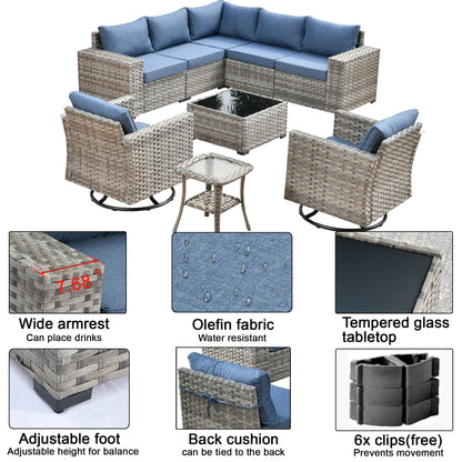 OVIOS 9-piece Patio Wicker Swivel Rocking Chair Set with Glass-Top Tables