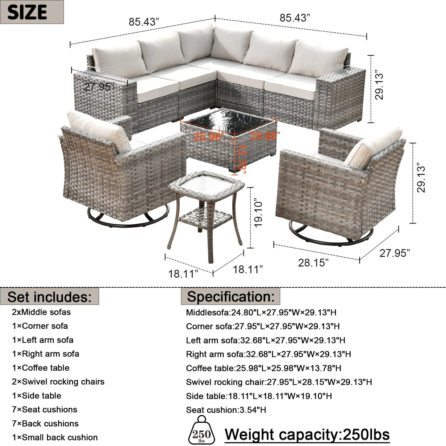 OVIOS 9-piece Patio Wicker Swivel Rocking Chair Set with Glass-Top Tables