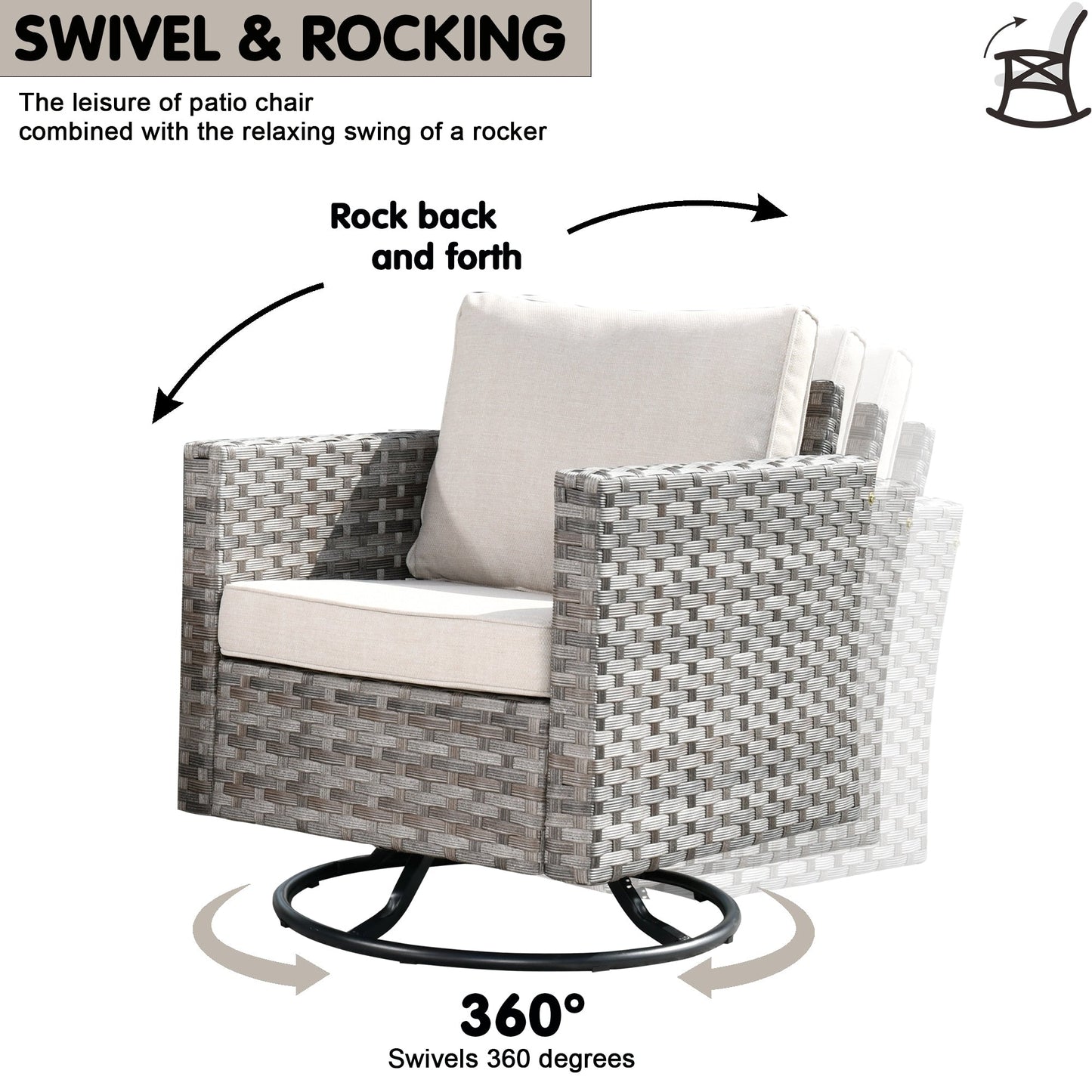 OVIOS 9-piece Patio Wicker Swivel Rocking Chair Set with Glass-Top Tables