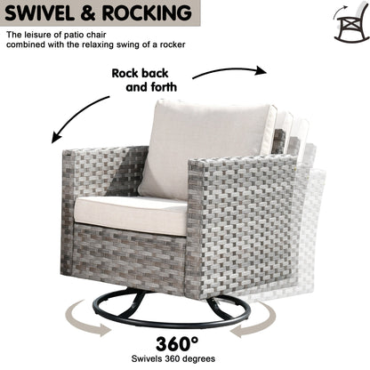 OVIOS 9-piece Patio Wicker Swivel Rocking Chair Set with Glass-Top Tables