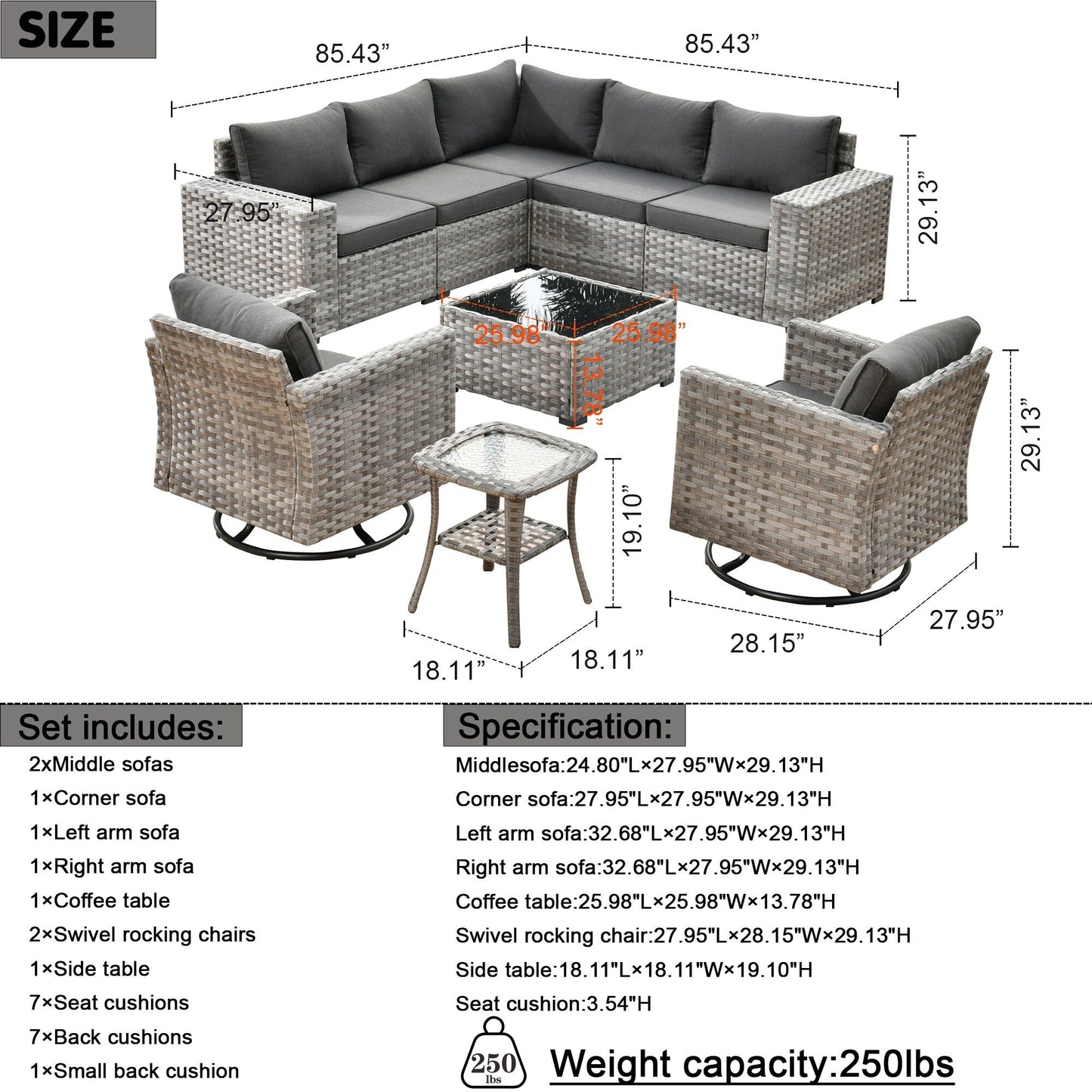 OVIOS 9-piece Patio Wicker Swivel Rocking Chair Set with Glass-Top Tables