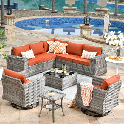 OVIOS 9-piece Patio Wicker Swivel Rocking Chair Set with Glass-Top Tables