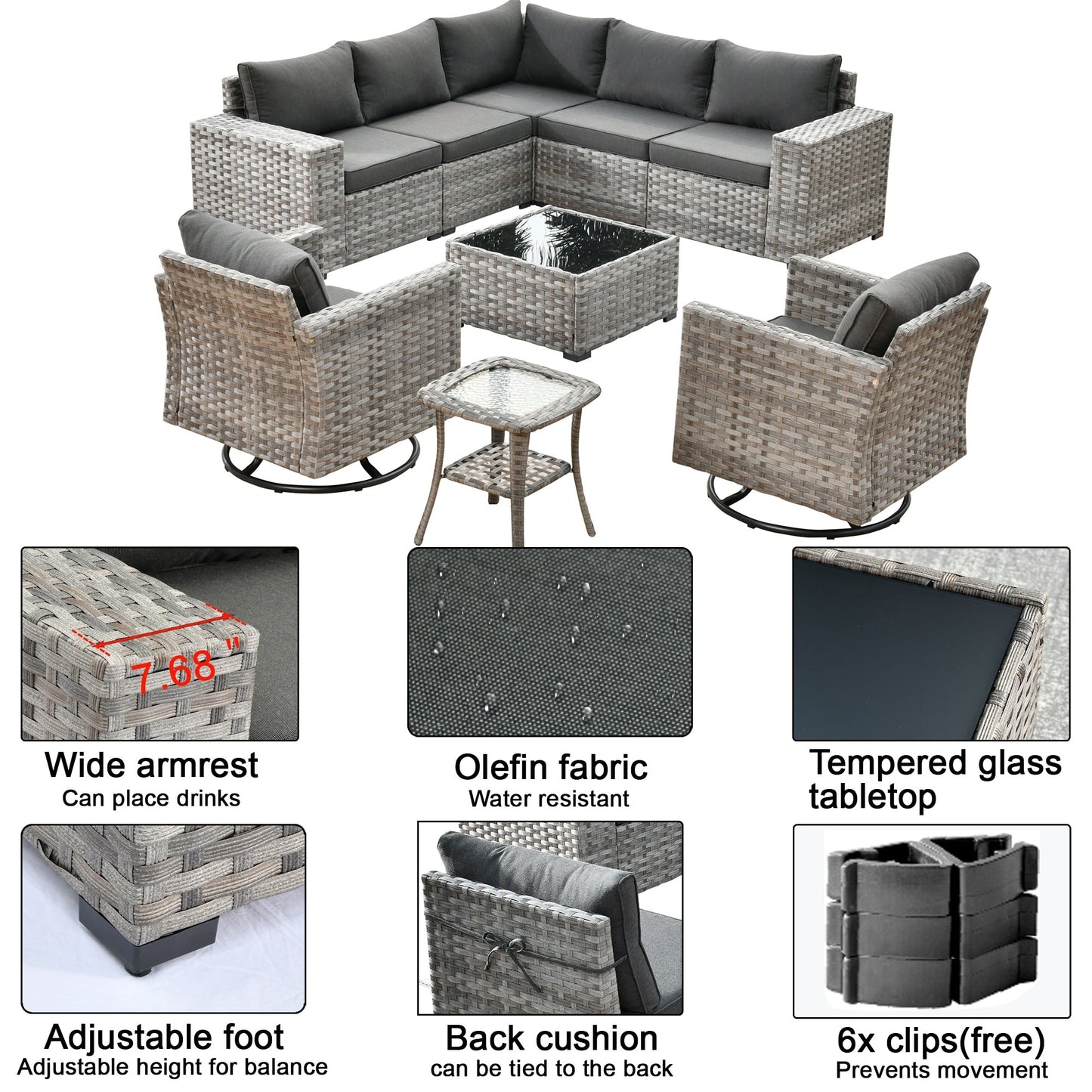 OVIOS 9-piece Patio Wicker Swivel Rocking Chair Set with Glass-Top Tables