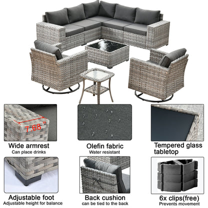 OVIOS 9-piece Patio Wicker Swivel Rocking Chair Set with Glass-Top Tables