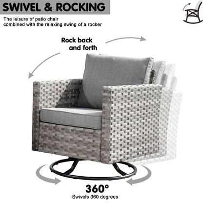OVIOS 9-piece Patio Wicker Swivel Rocking Chair Set with Glass-Top Tables