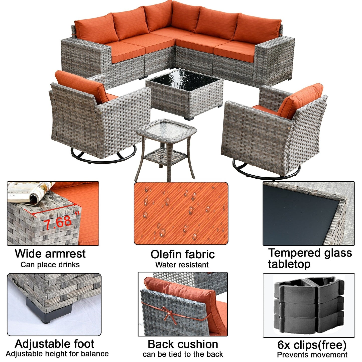 OVIOS 9-piece Patio Wicker Swivel Rocking Chair Set with Glass-Top Tables