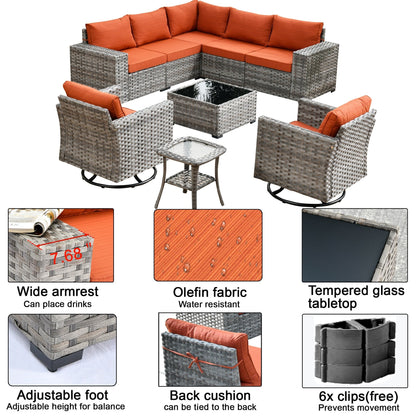 OVIOS 9-piece Patio Wicker Swivel Rocking Chair Set with Glass-Top Tables