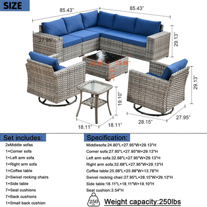 OVIOS 9-piece Patio Wicker Swivel Rocking Chair Set with Glass-Top Tables
