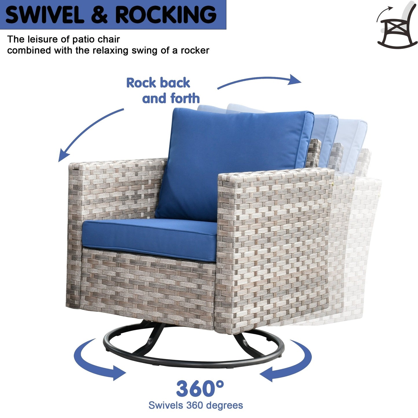 OVIOS 9-piece Patio Wicker Swivel Rocking Chair Set with Glass-Top Tables