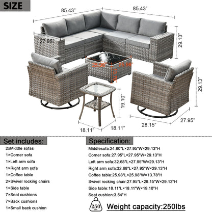 OVIOS 9-piece Patio Wicker Swivel Rocking Chair Set with Glass-Top Tables