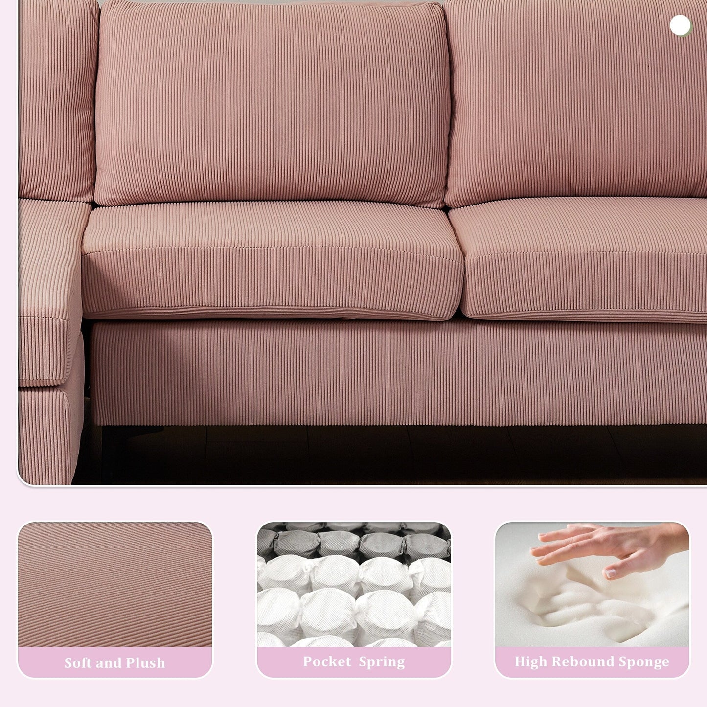 OVIOS Reversible Chaise Sofa With Fluffy Cushions Metal Legs