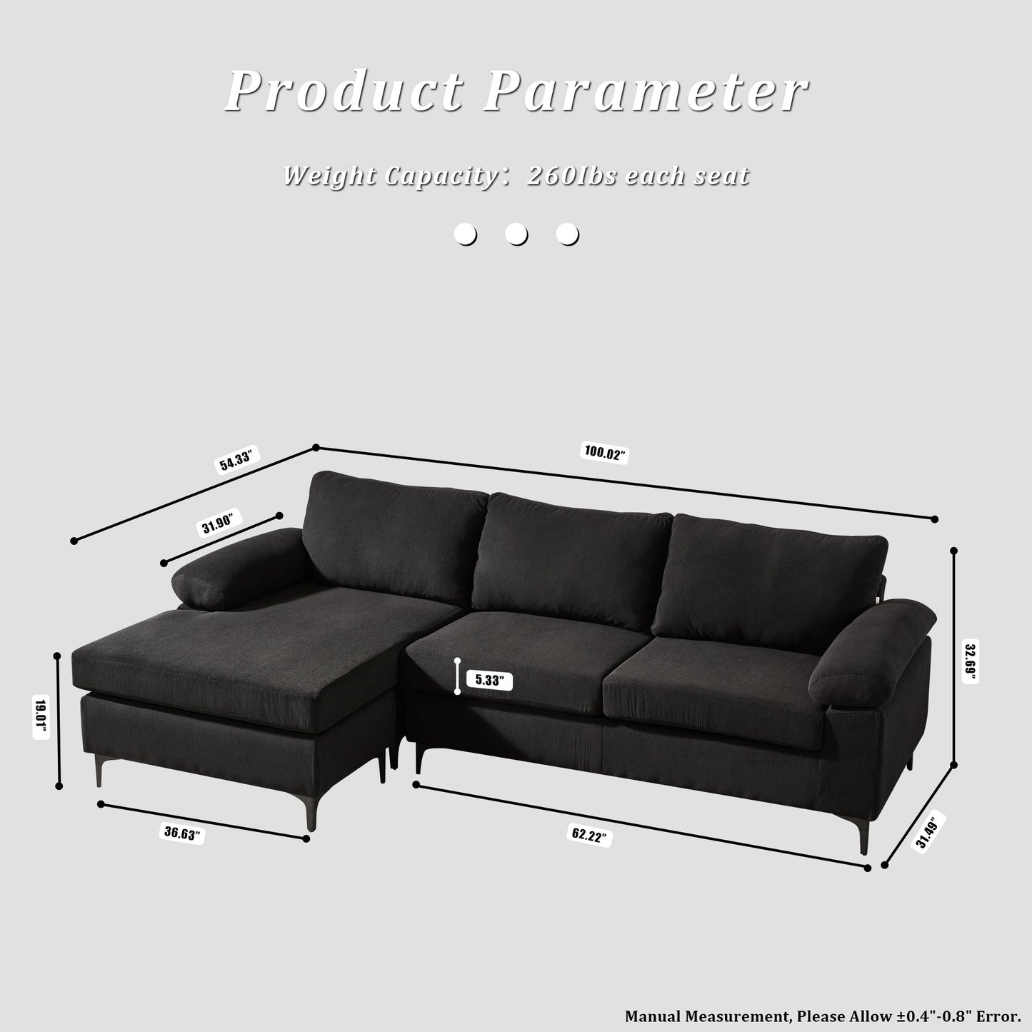 OVIOS Reversible Chaise Sofa With Fluffy Cushions Metal Legs