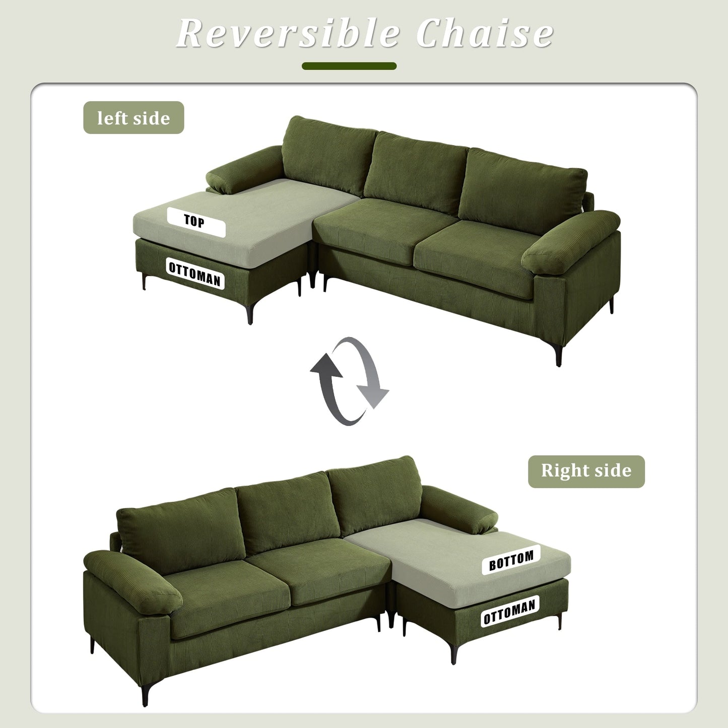 OVIOS Reversible Chaise Sofa With Fluffy Cushions Metal Legs