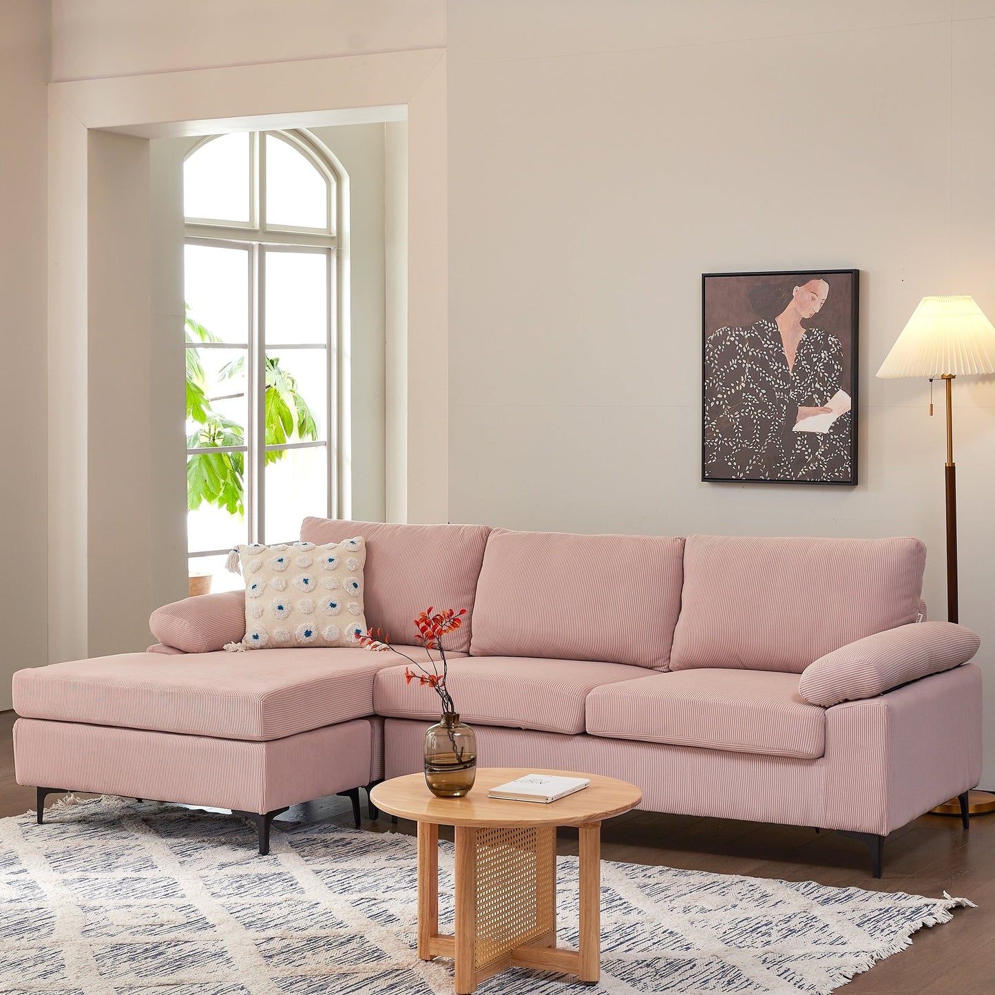 OVIOS Reversible Chaise Sofa With Fluffy Cushions Metal Legs