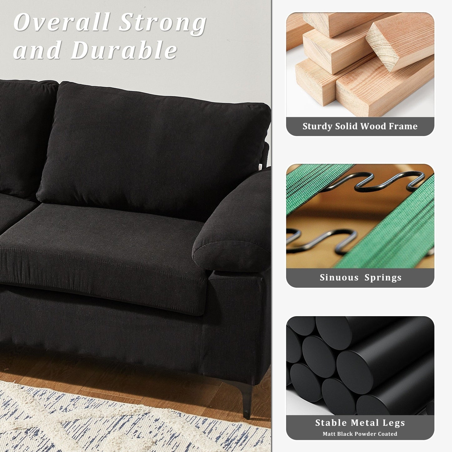 OVIOS Reversible Chaise Sofa With Fluffy Cushions Metal Legs