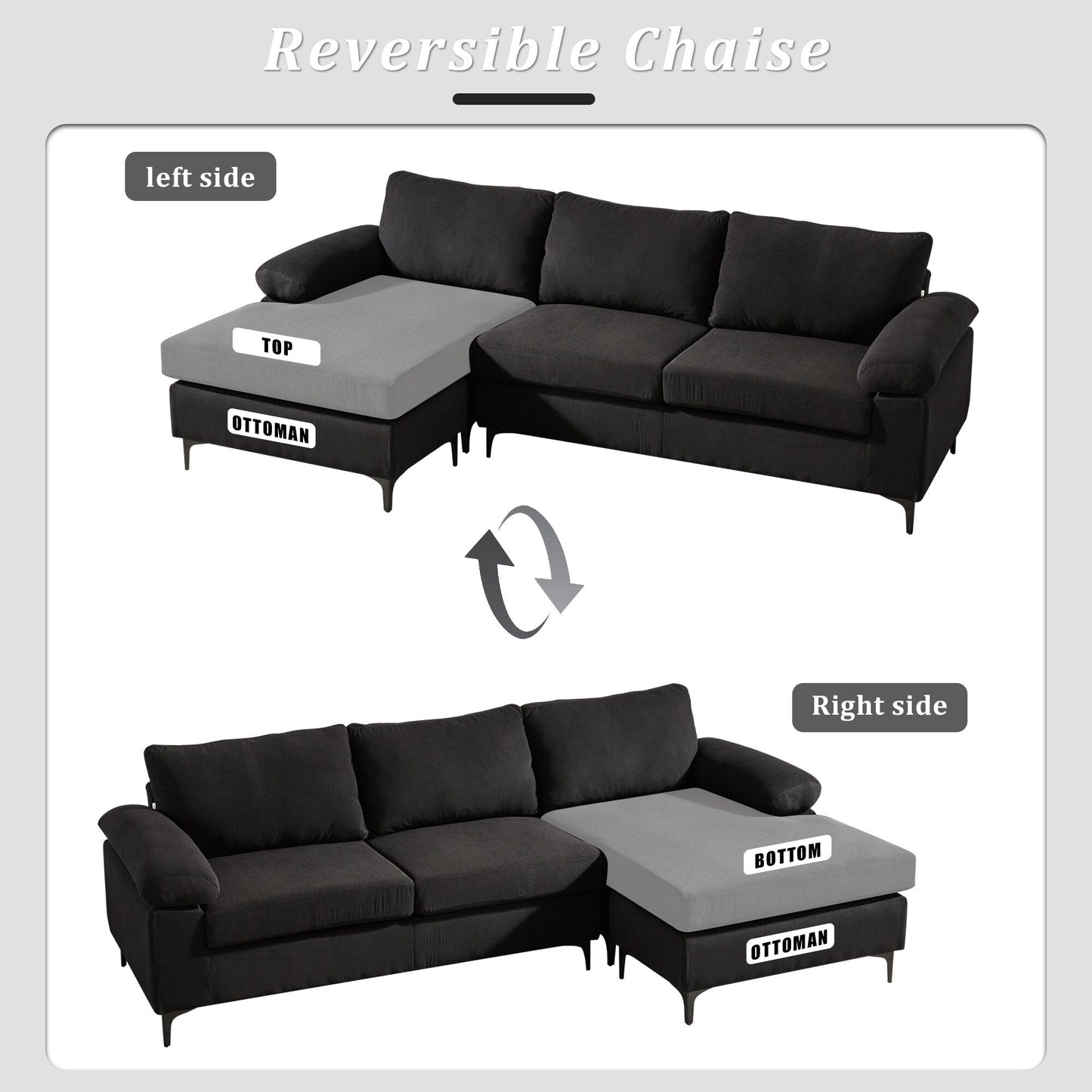 OVIOS Reversible Chaise Sofa With Fluffy Cushions Metal Legs