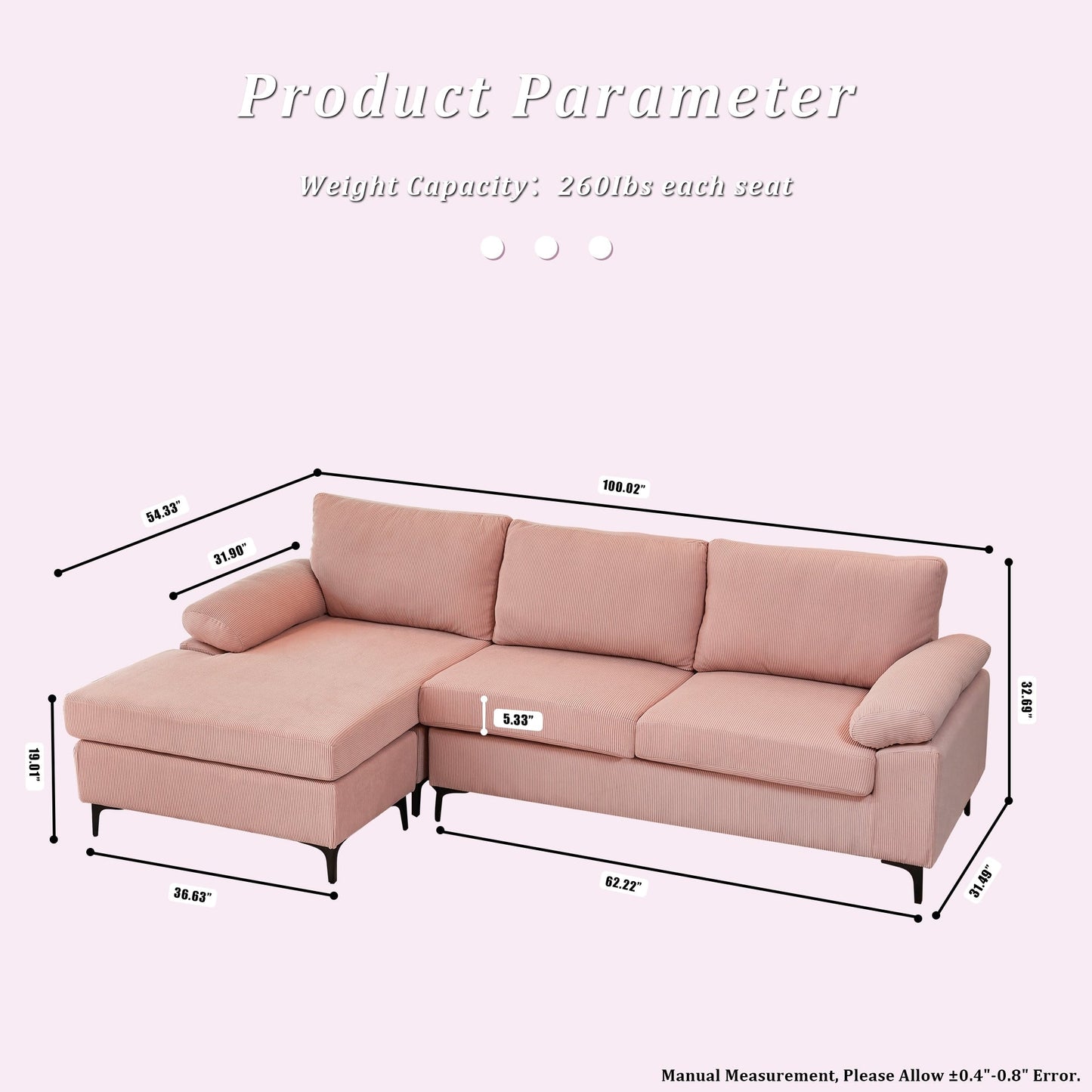OVIOS Reversible Chaise Sofa With Fluffy Cushions Metal Legs