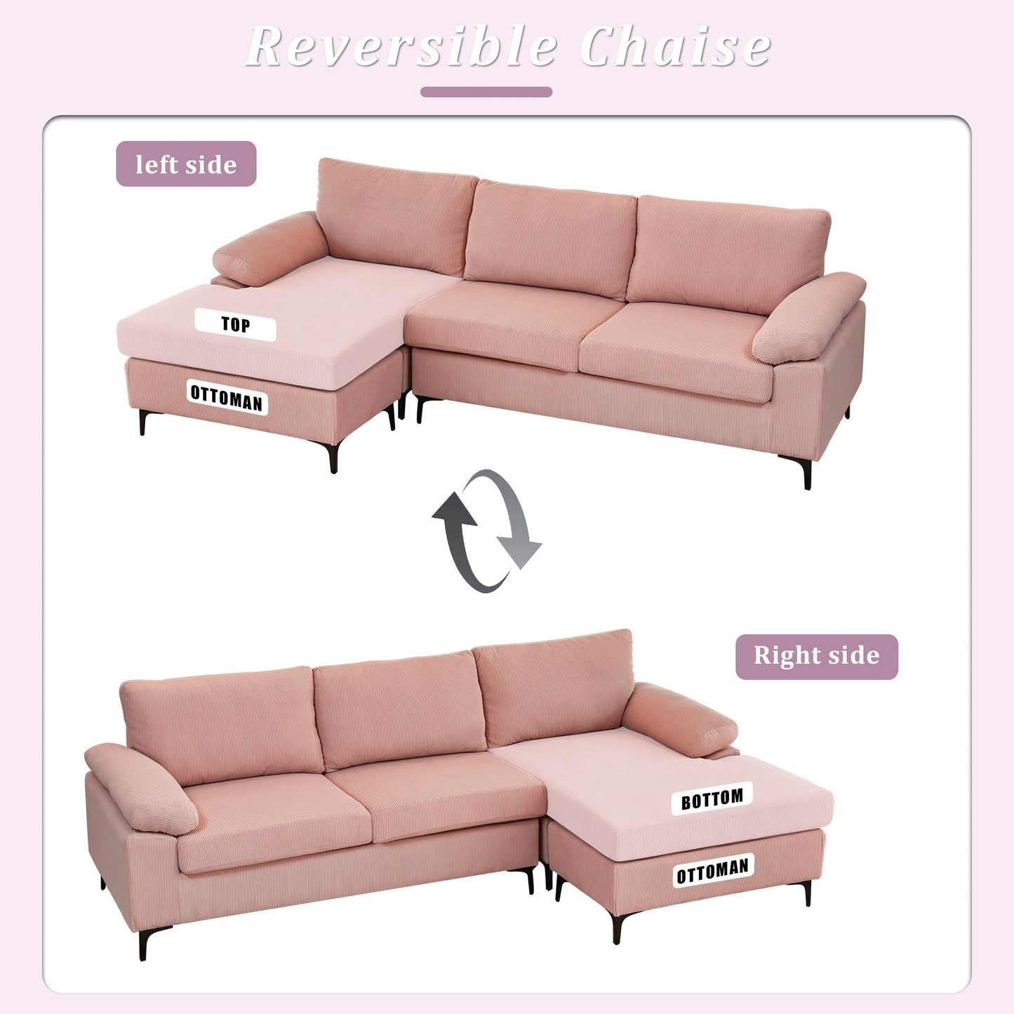 OVIOS Reversible Chaise Sofa With Fluffy Cushions Metal Legs