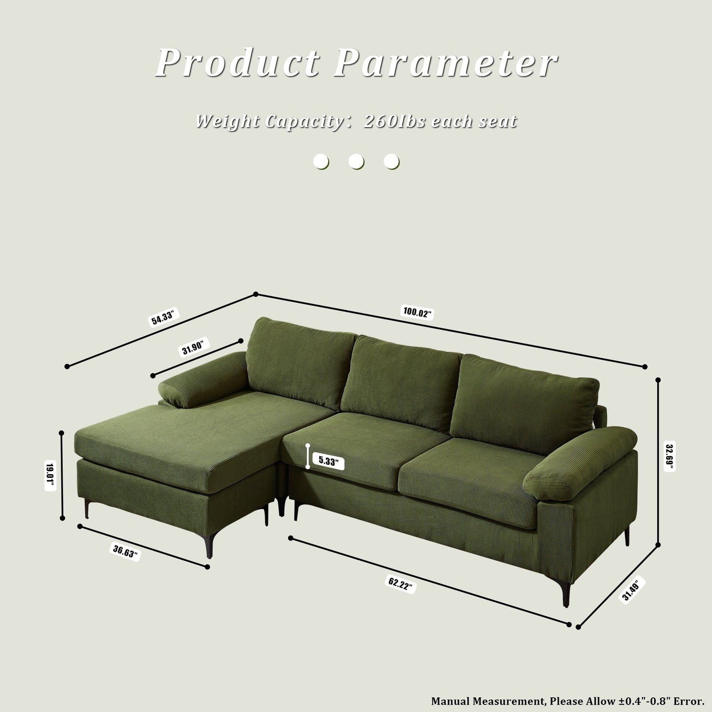 OVIOS Reversible Chaise Sofa With Fluffy Cushions Metal Legs