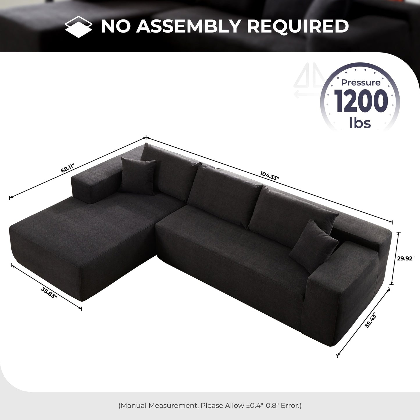OVIOS Scratch-Resistant No Assembly Required Chaise Sofa
