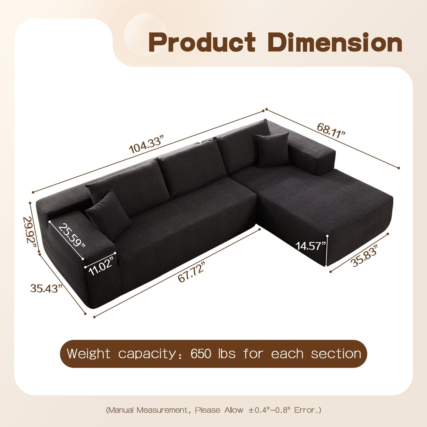 OVIOS Scratch-Resistant No Assembly Required Chaise Sofa