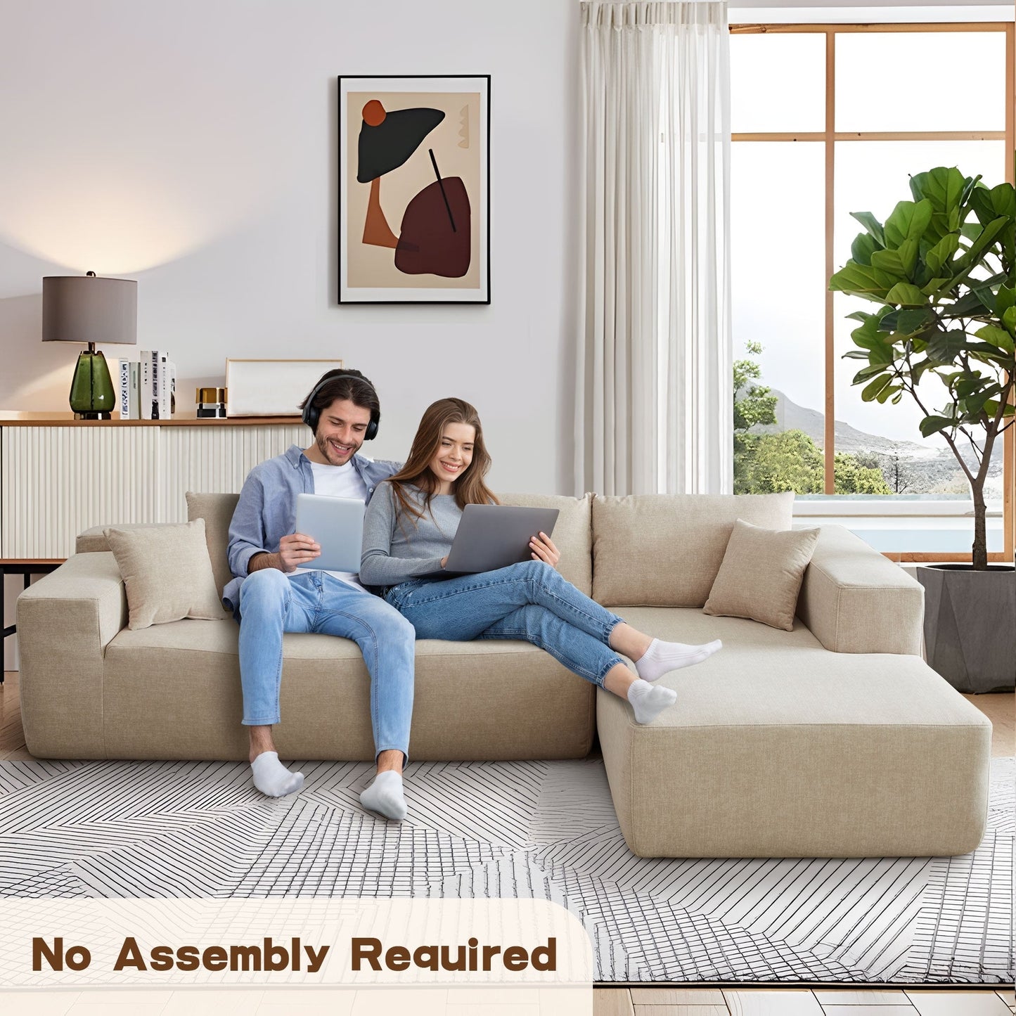 OVIOS Scratch-Resistant No Assembly Required Chaise Sofa