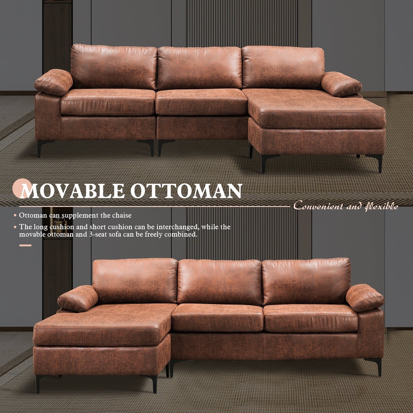 OVIOS Mid-Century Suede Reversible Chaise Sofa With Metal Legs