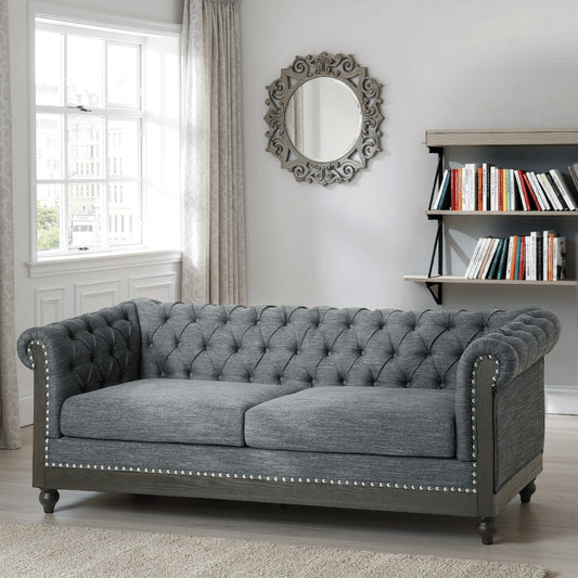Ober Sofa, Rivets Chesterfield Button Tufted Gray, 86 Inch, Taupe Brown