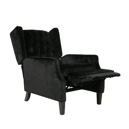 Octa Manual Recliner Chair, Button Tufted Wingback Design Black Velvet
