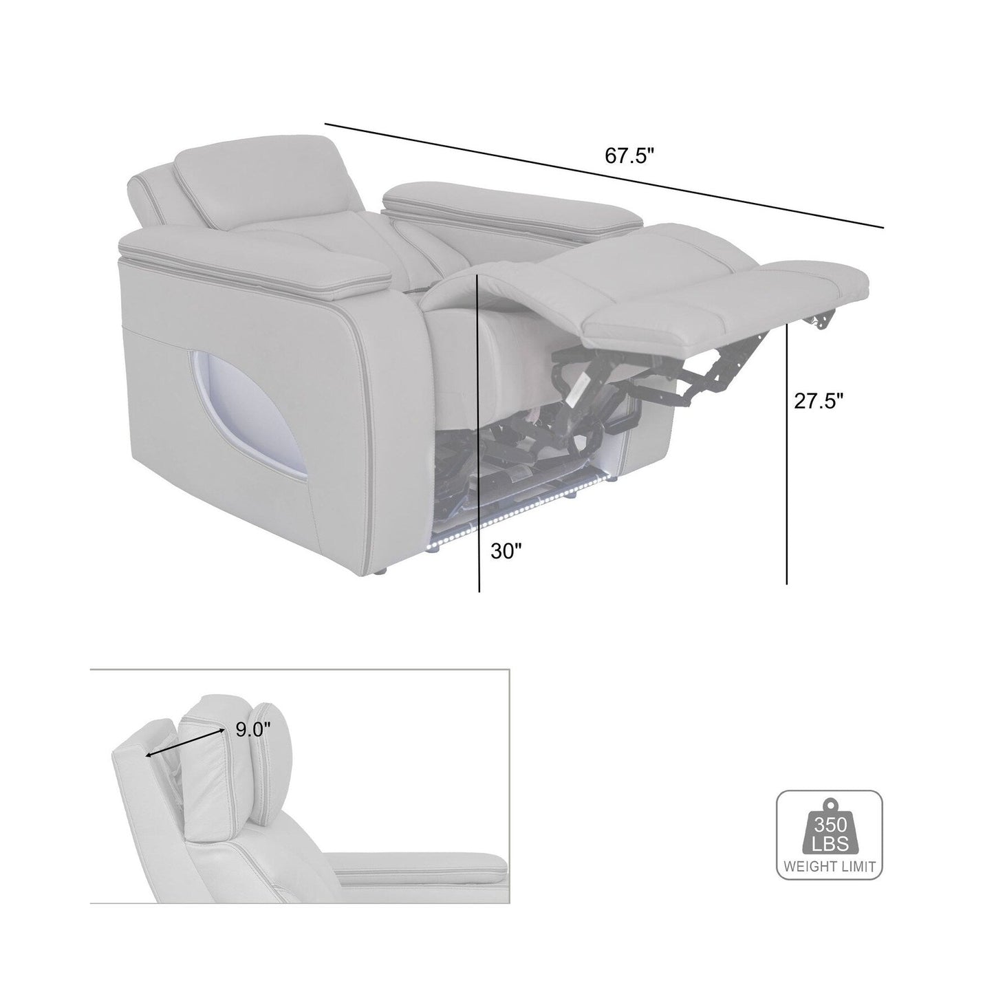 Octavia Silver and Gray Leather Zero Gravity Power Recliner with Heat and Massage