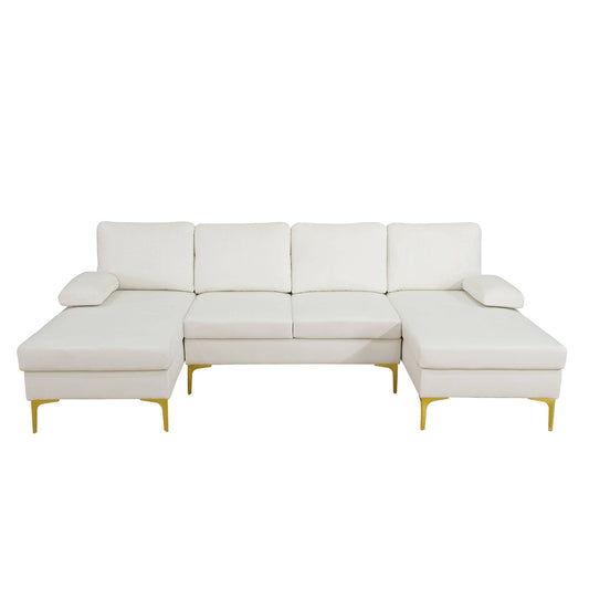 Off-white Fluffy Fabric U-shaped 3-Piece Living Room Sofa set
