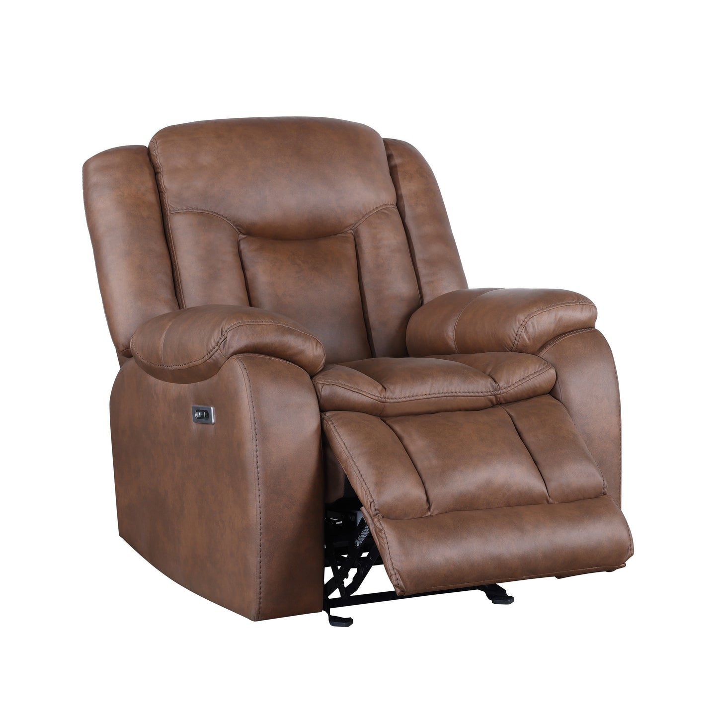Olaf Power Recliner Chair, Chaise Footrest, Saddle Brown Faux Leather