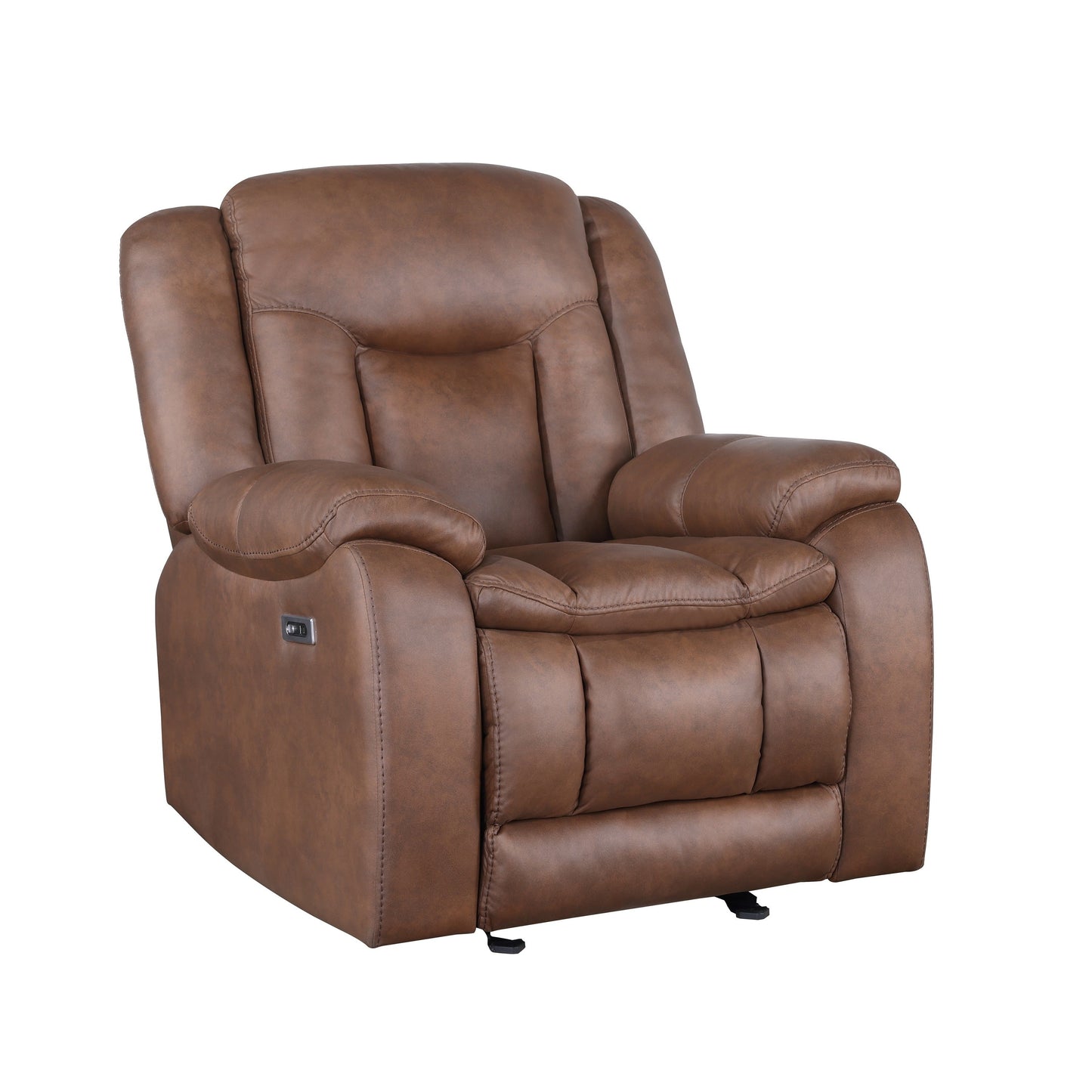 Olaf Power Recliner Chair, Chaise Footrest, Saddle Brown Faux Leather