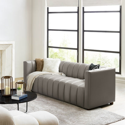 Olinto Modern 83-Inch Genuine Leather Curved Couch Sofa with Channel Back by HULALA HOME