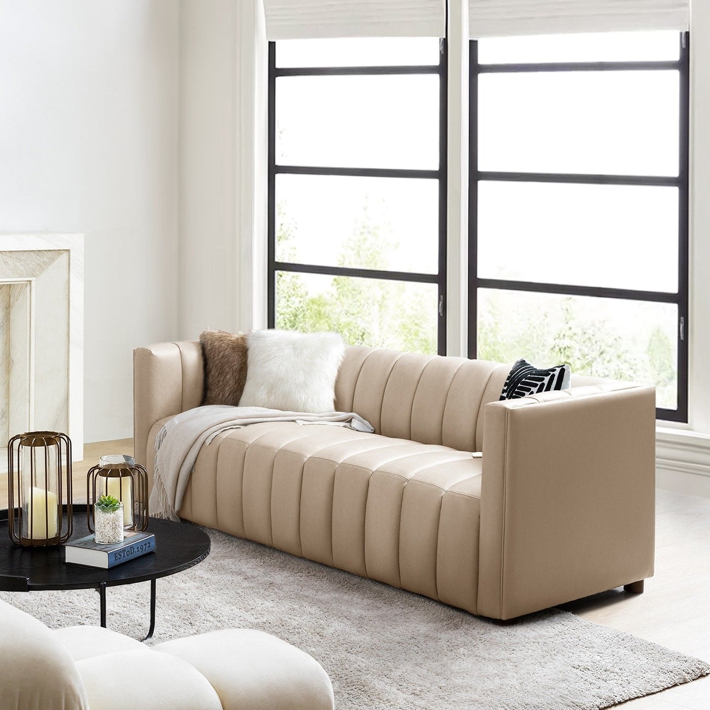 Olinto Modern 83-Inch Genuine Leather Curved Couch Sofa with Channel Back by HULALA HOME