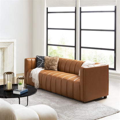 Olinto Modern 83-Inch Genuine Leather Curved Couch Sofa with Channel Back by HULALA HOME