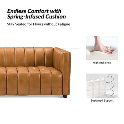 Olinto Modern 83-Inch Genuine Leather Curved Couch Sofa with Channel Back by HULALA HOME