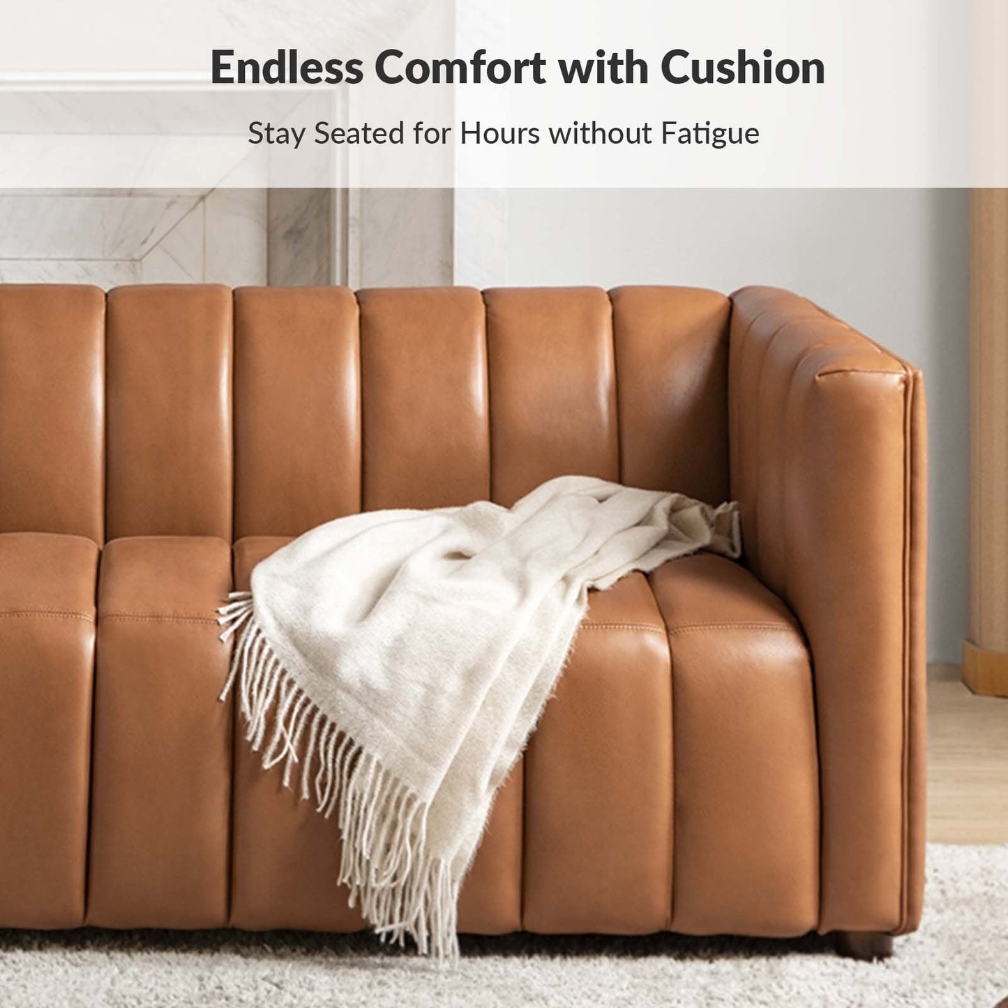 Olinto Modern 83-Inch Genuine Leather Curved Couch Sofa with Channel Back by HULALA HOME