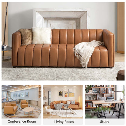 Olinto Modern 83-Inch Genuine Leather Curved Couch Sofa with Channel Back by HULALA HOME