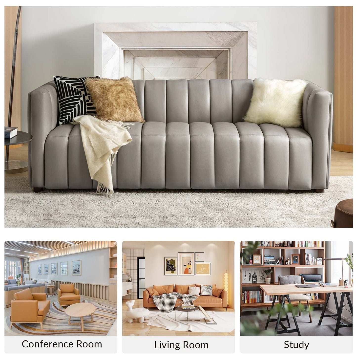 Olinto Modern 83-Inch Genuine Leather Curved Couch Sofa with Channel Back by HULALA HOME