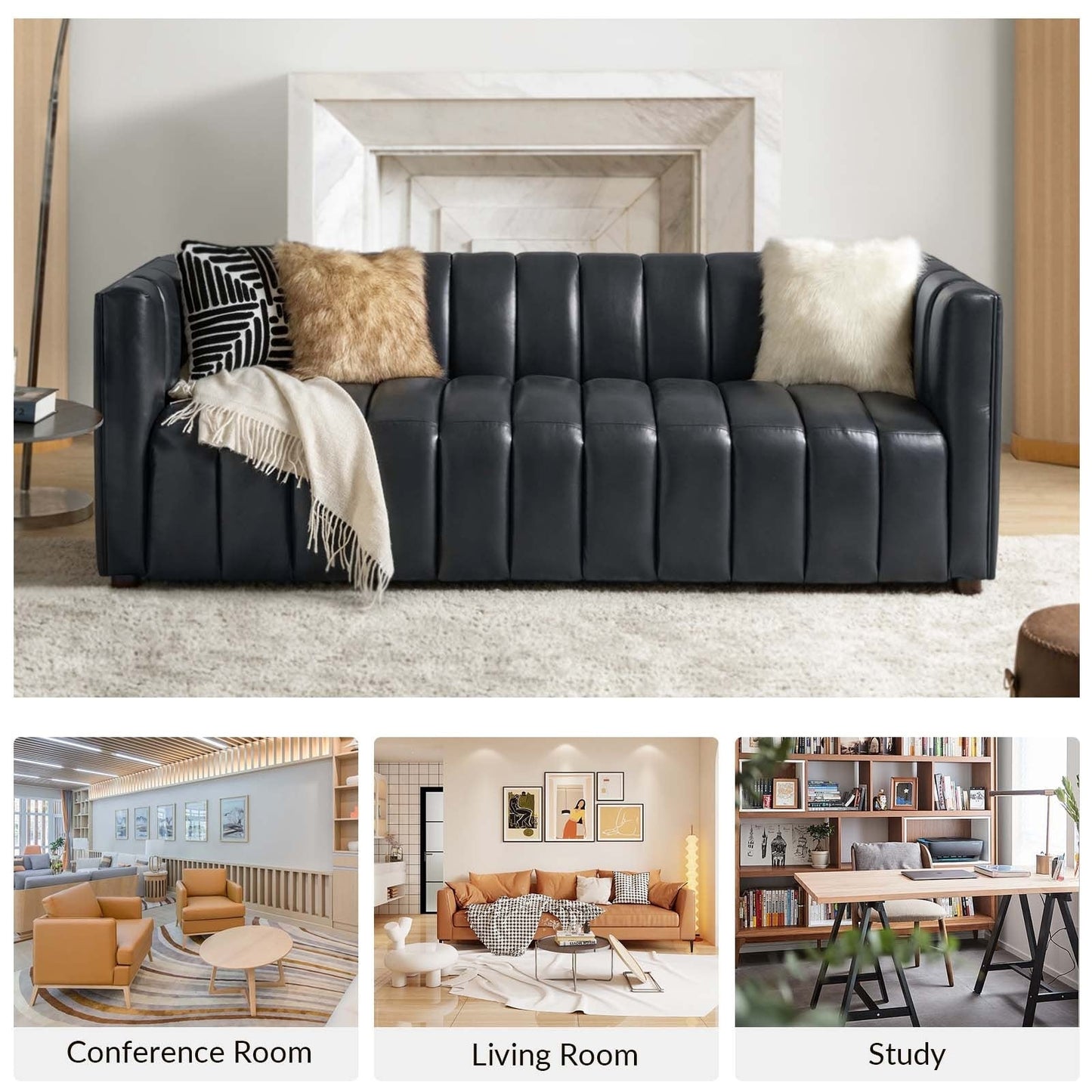 Olinto Modern 83-Inch Genuine Leather Curved Couch Sofa with Channel Back by HULALA HOME