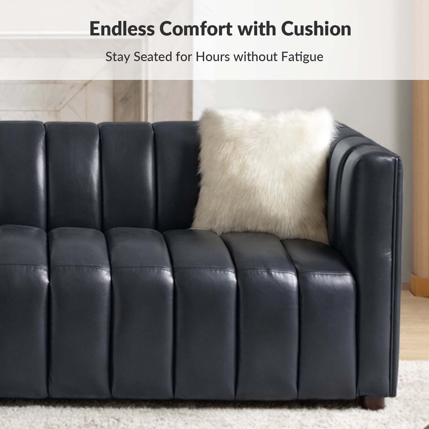 Olinto Modern 83-Inch Genuine Leather Curved Couch Sofa with Channel Back by HULALA HOME