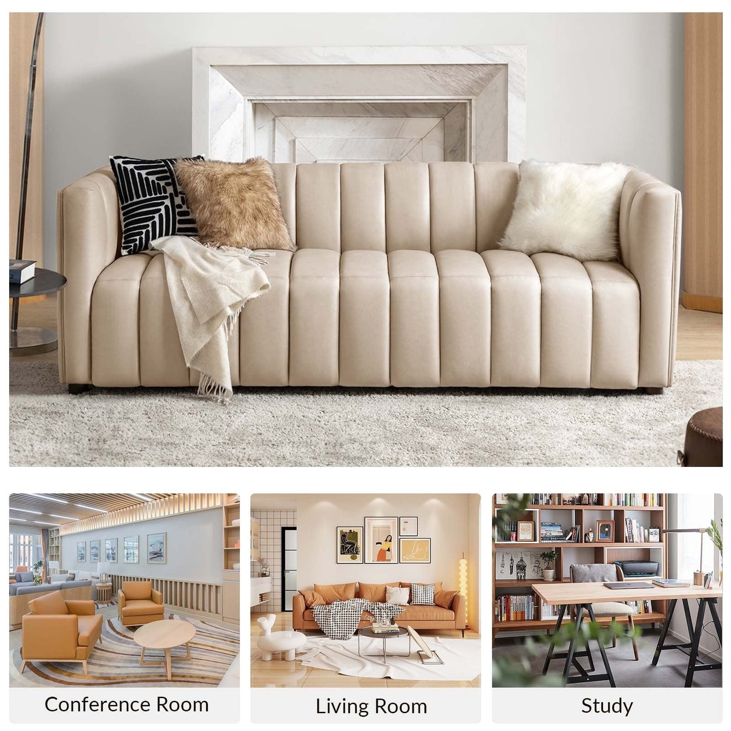 Olinto Modern 83-Inch Genuine Leather Curved Couch Sofa with Channel Back by HULALA HOME