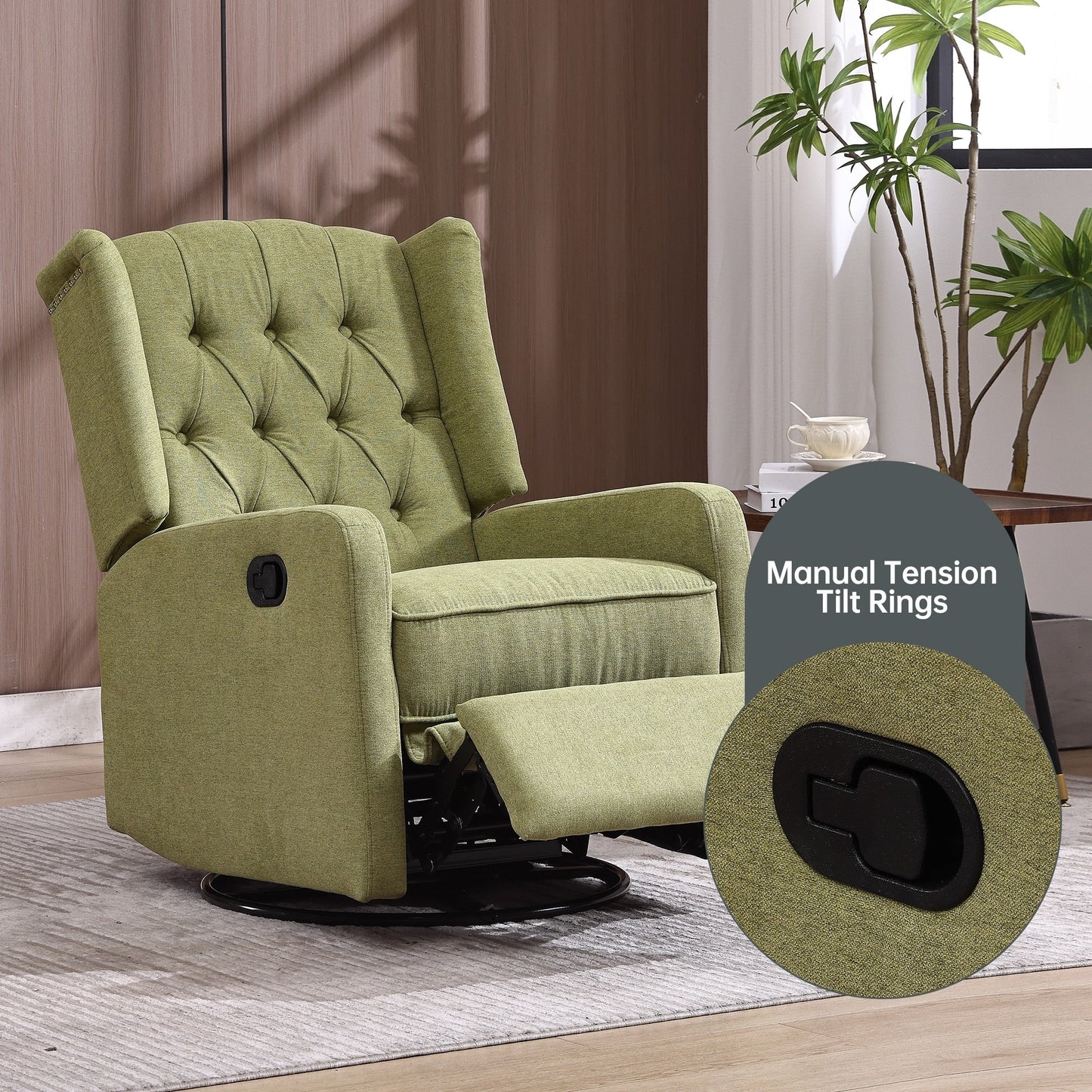 Olive Green Linen 360Â° Swivel Glider Rocker Manual Recliner with Button-tufted Backrest and Footrest for Living Room, Bedroom