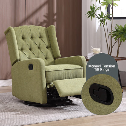 Olive Green Linen 360Â° Swivel Glider Rocker Manual Recliner with Button-tufted Backrest and Footrest for Living Room, Bedroom
